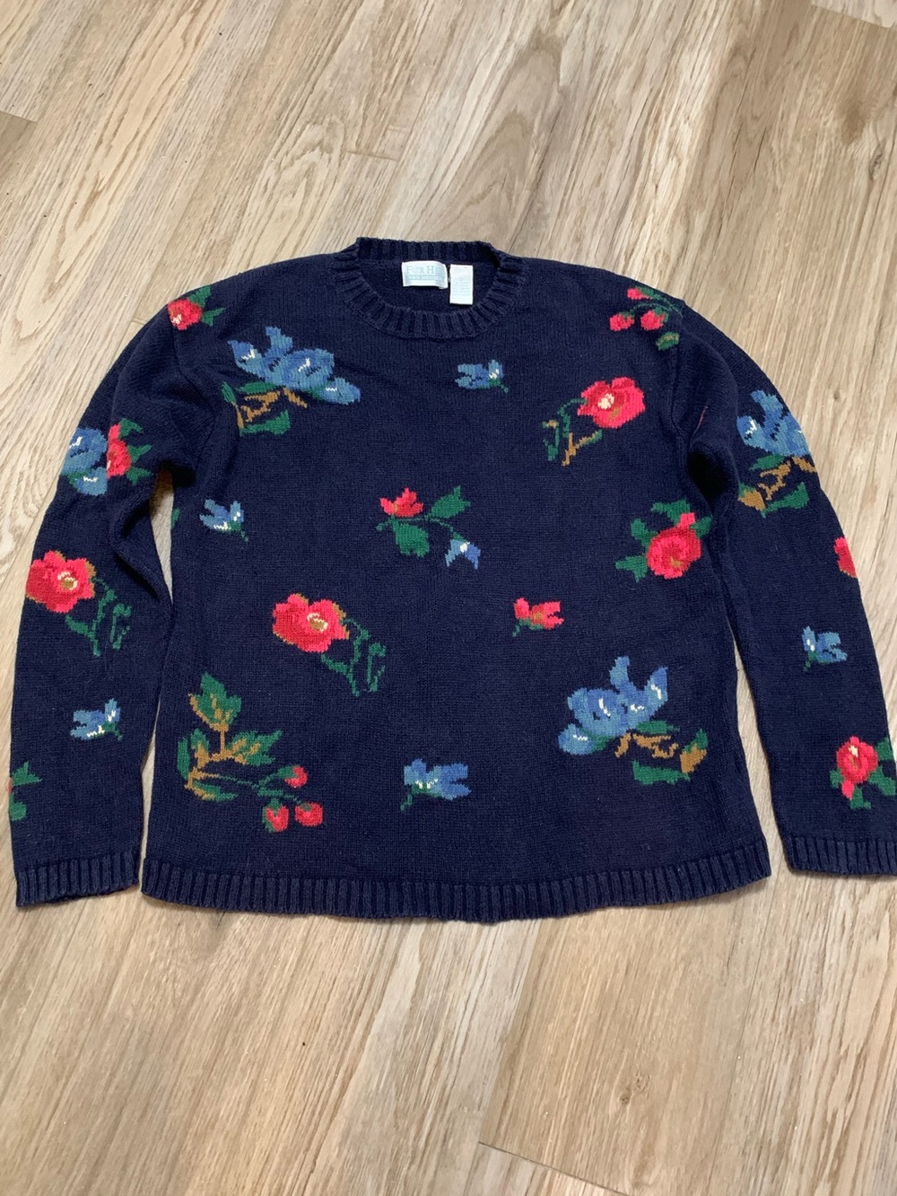 VTG 90s Floral Pullover Sweater Crew Neck Ramie Cotton S Navy Blue